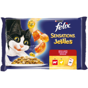 Barība kaķiem Felix Sensations Jellies gaļas izlase 4x85g