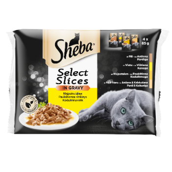 985203C22112CAC6C74BA74A2A330A305B7481775D9D229925A2505A3EEA6C47 Barība kaķiem Sheba mājputnu gaļas izlase 340g