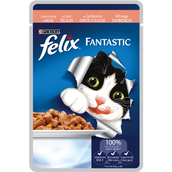 3C6750C224E11B222D7C008F0838E79C740CB842D893BB6F3173F19E4C78C279 Barība kaķiem Felix Fantastic konservs lasis 85g