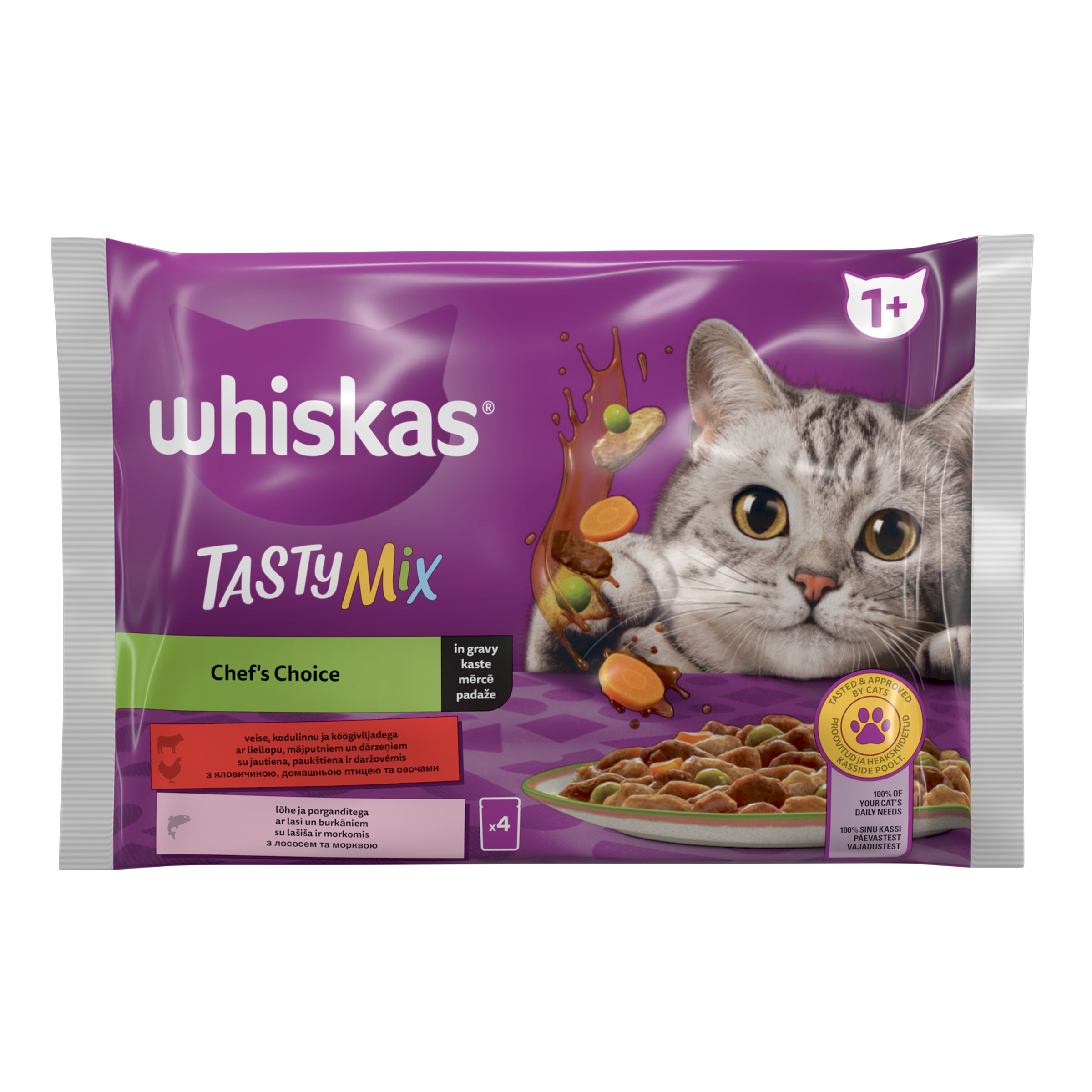 CE68CEDA4A22B30A713F1A0F6444534B4232BF3C937F529FB609FFD3A477C74F Barība kaķiem Whiskas Tasty Mix 1+lasi