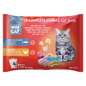 Barība kaķiem ar zivs un vistas gaļu mērcē Wise Cat 4 x 100g