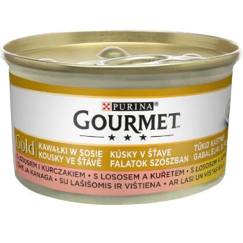 43DCFC111C31485BA0C3626F9099180A838C0F914F6D5168006E48C8EB3CF10F Barība kaķiem Gourmet Gold gaļas gab. ar vistu un lasi 85g