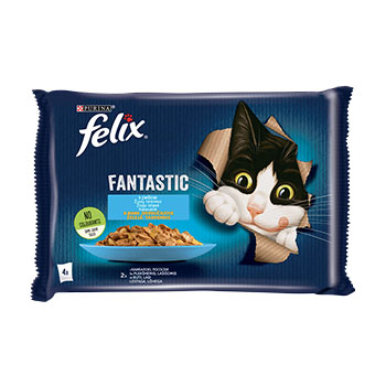 4E8758FEE58E3AF7A0D5A9FBDF8FEBED0964A31BFA27686D37B9880CFF7DC751 Barība kaķiem Felix Fantastic konservs zivju izlase 4x85g