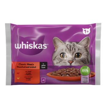 ECC0E3D3CCC0EC78D51469A2891021F17C07751DBCF942B610E8B8923D3CD963 Barība kaķiem Whiskas 4 paka 1+ Meat Selection 340g