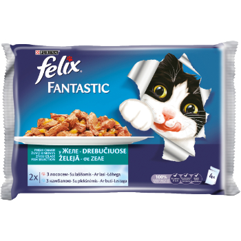 FB7D40D336DCAD5950B550AC69CB45D70964A31BFA27686D37B9880CFF7DC751 Barība kaķiem Felix Fantastic konservs zivju izlase 4x85g